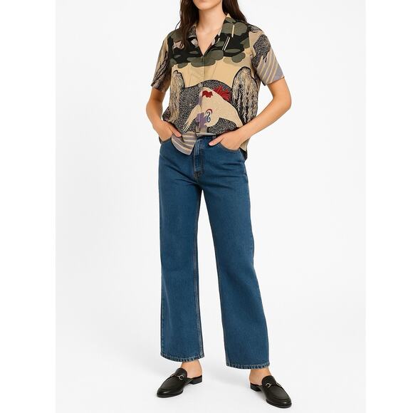 Vintage Tops - VINTAGE CITRON Crane Print Silk Button Down | L | Multicolor | Boho Resort